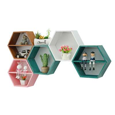 Nordic style wooden decorative walls hexagonal frame books toy flowerpots storage racks statuettes display crafts racks